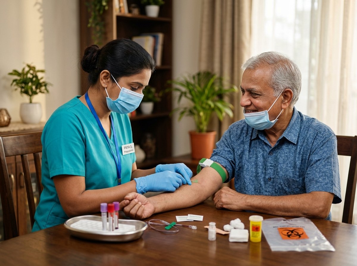 Professional phlebotomist collecting blood sample at patient home